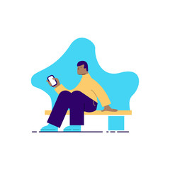 Flat, modern illustration of a man sitting on the bench.