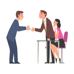 Fototapeta premium Man in Suit Having Job Interview, HR Specialists Talking with Candidate, Business Meeting, Recruitment and Employment Process Vector Illustration
