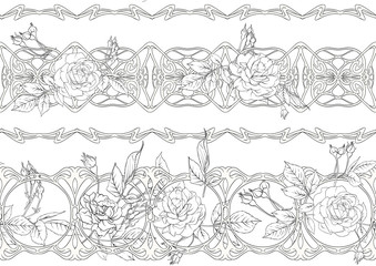 Vintage roses seamless pattern, background in art nouveau style, old, retro style. Outline vector illustration.