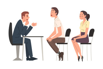 Fototapeta premium HR Managers Interviewing Candidates, Young Man and Woman Having Job Interview at Headhunting Agency, Business Meeting, Recruitment and Employment Process Vector Illustration