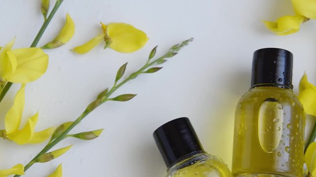 Essential oil with gorse flower extract. Hygiene bath product. Wellness therapy regeneration
