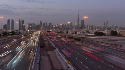 Day to Night Timelapse of Dubai Skyline Skyscrapers with Rush Hour Traffic