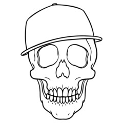 monochrome cool skull with baseball cap on the head. outline, comic, vector, isolated.
