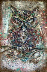 Original painting, an owl sits on a branch, texture of canvas