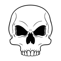 evil-looking outline comic skull without jaws. white background, vector illustration.