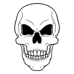 monochrome comic illustration of an evil-looking skull. comic illustration, isolated on white.