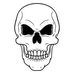 monochrome comic illustration of an evil-looking skull. comic illustration, isolated on white.
