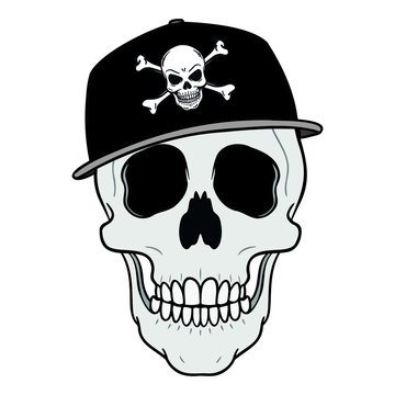 cool hip hop skull with baseball cap on the head with jolly roger logo. pirate isolated.