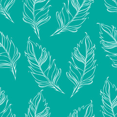 Feather isolated on Green background. Seamless pattern. Vector illustration