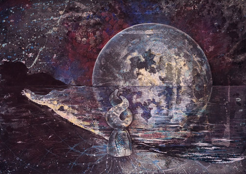 An attractive fantastic character stands on the sea shore in a diaphanous dress. Against the backdrop of a star moon space. unique graphics