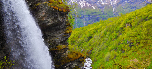 Beautiful landscape view of Storseterfossen waterfall or cascade near Geiranger and Geirangerfjord...