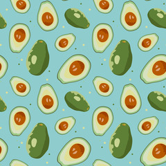 avocado seamless pattern vector. Design for print recipe, menu, label, fabric, wrapping paper. Blue background.