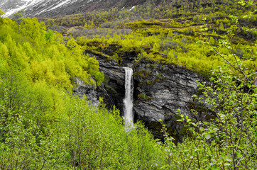 Beautiful landscape view of Storseterfossen waterfall or cascade near Geiranger and Geirangerfjord...