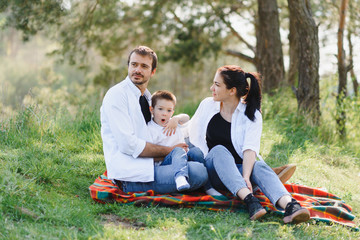 happy young family spending time outdoor on a summer day have fun at beautiful park in nature while sitting on the green grass. Happy family.