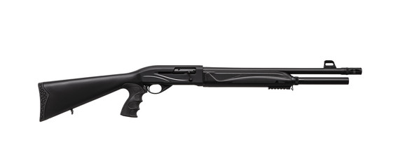 Modern semi-automatic tactical shotgun isolate on white back. Smoothbore weapons for sports, hunting and self-defense.