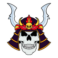 Samurai skull with traditional helmet in color. comic, vector illustration to place. isolated, evil eye.