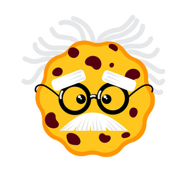 Smart cookie biscuit with geeky glasses and a mustache on face. Concept vector illustration of Einstain
