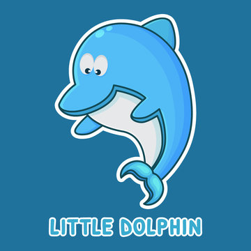 Dolphin Cartoon Character. Cute Animal Mascot Icon Filed Style. Kids Sticker Collection
