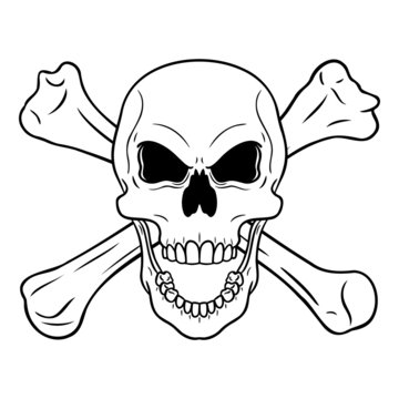 recommend clip art: hand drawn outline comic skull with crossed bones. pirates, jolly roger, solid color.