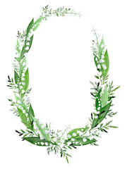 Watercolor lily of the valley wreath. Oval floral wreath.