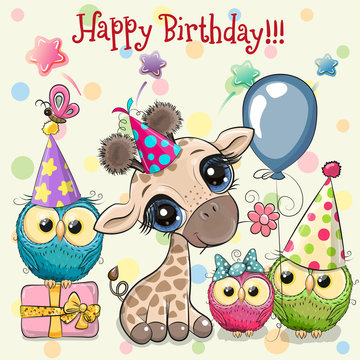 Cute Giraffe and owls with balloon and bonnets