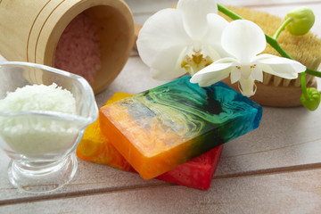 Dead sea salt and homemade soap, wellness and relaxation.