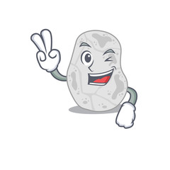 Happy white planctomycetes cartoon design concept show two fingers