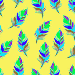 Bright feather print. Yellow background. Summer Seamless pattern. Colorful Vector illustration
