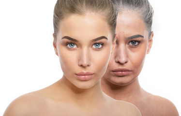 Face of young beautiful girl and old woman. Beauty treatment, aging and youth, lifting, antiaging, skincare, hydration, plastic surgery, rejuvenation, skincare  concept. Comparison