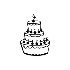 Doodle style holiday cake. Hand drawn vector illustration for cards, posters, stickers and professional design, web design, logo. Isolated on white background.
