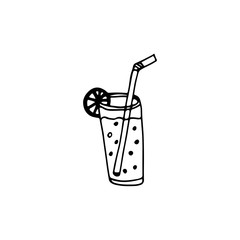 A glass of lemonade in doodle style. Hand drawn vector illustration for cards, posters, stickers and professional design, web design, logo. Isolated on white background.