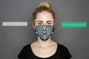 Face Recognition In Medical Mask Using Artificial Intelligence And Neural Networks. Biometric Scan Face ID. Identification of Person Through System Of Recognition. Polygon Vector Wireframe Concept