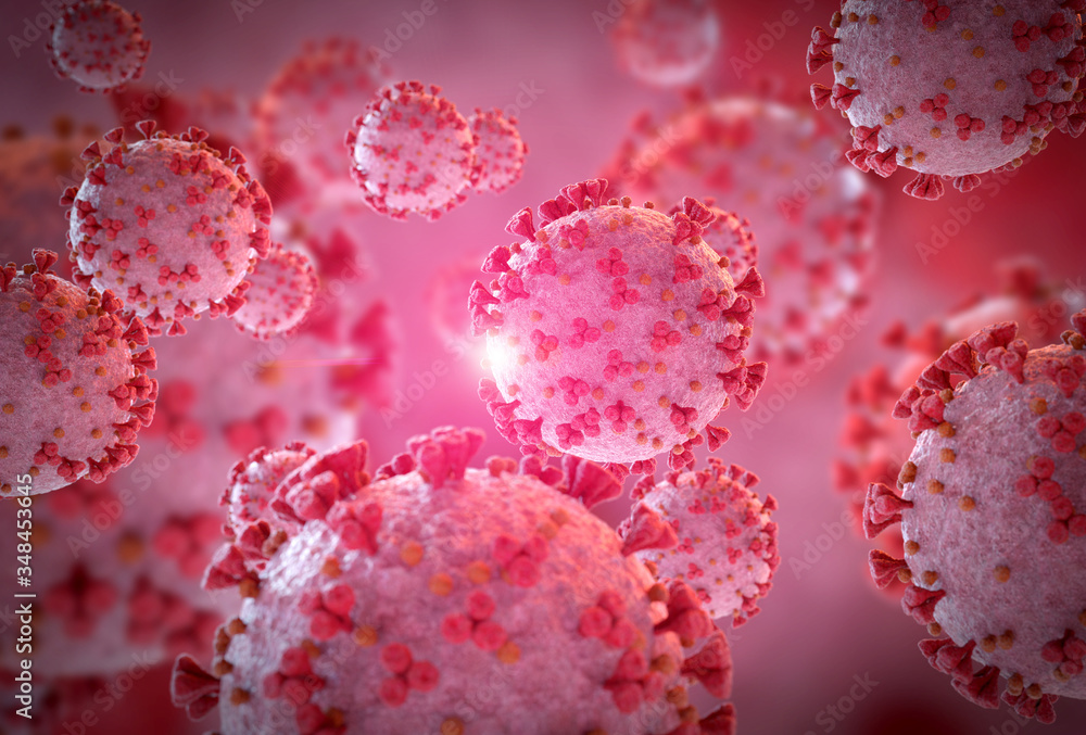 Poster 3d rendering of the coronavirus on a microscopic level. microscope close-up of the covid-19 disease.