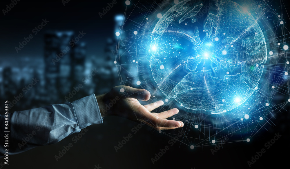 Wall mural businessman hand using europe map globe network hologram 3d rendering