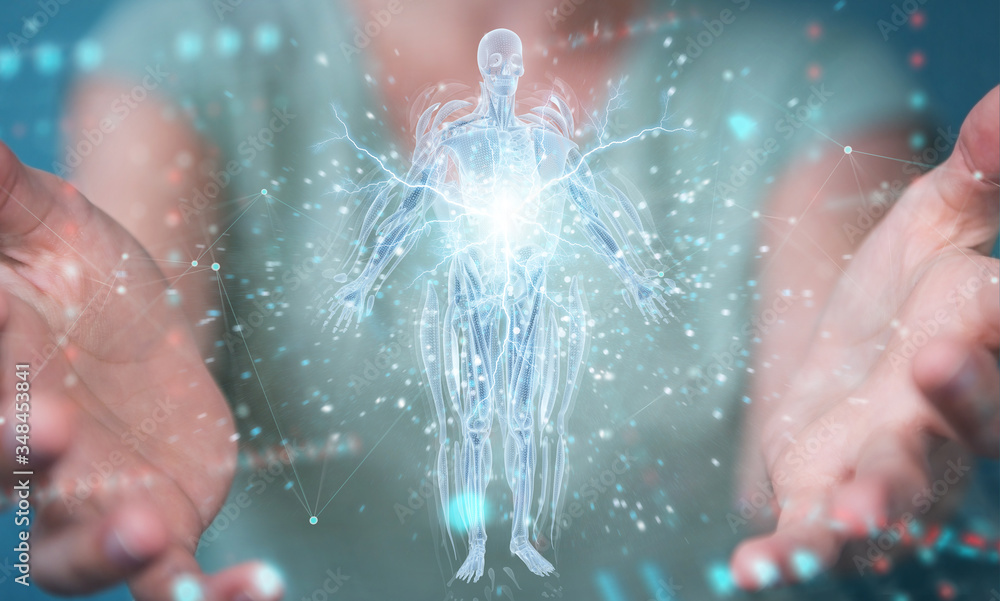 Poster woman using digital x-ray human body holographic scan projection 3d rendering