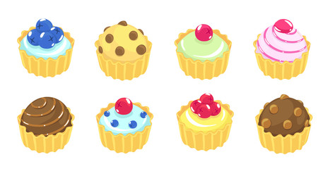 Fancy cake. Different types cakes. Dessert reward. Vector illustration. Isometric view.