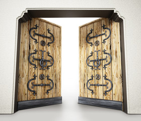 Half open elegantly ornamented old wooden door. 3D illustration
