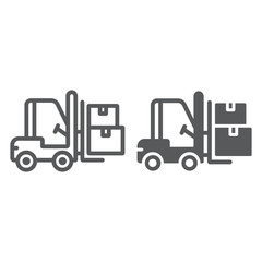 Forklift truck line and glyph icon, logistic and delivery, bendi truck with boxes sign vector graphics, a linear icon on a white background, eps 10.
