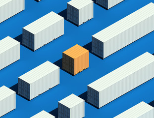 Shipping Containers 3D Isometric Pattern. Poster Concept for Transportation or Delivery of Goods. A Lot of White Containers and One Yellow Isolated on a Blue Background. 3D Render.