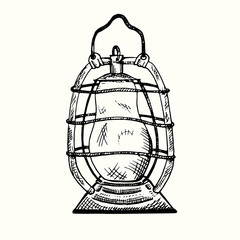 Kerosine vintage lamp, hand drawn doodle, drawing in gravure style, sketch illustration, design element