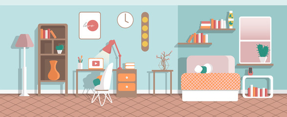 Fototapeta na wymiar Home Office Interior Without People. Modern Workplace. Cabinet Room with Table, Lamps, Laptop, Chair. Remote Work, Freelance. Flat Vector Illustration. EPS 10