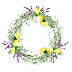 Watercolor wreath with purple lavender, yellow lemons and olive branch.