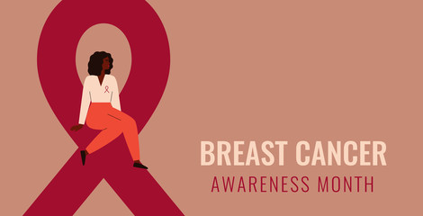 Breast cancer awareness and prevention month banner. A black woman sits on a big pink ribbon. The concept of support and solidarity with women fighting oncological disease. Vector illustration