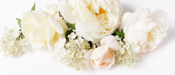 Festive flower composition on the white background. Overhead view