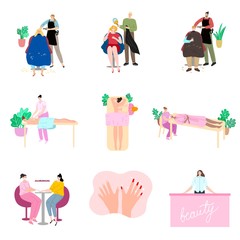 Set of people visiting beauty salon and taking spa treatment. Vector illustration in flat cartoon style.