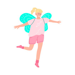 Cute smiling little girl with wings dancing in a pink t-shirt. Vector illustration in cartoon style.