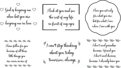 Set of Love Quotes Sayings for Valentine's day.  Romantic feeling between man and woman