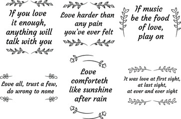 Set of Love Quotes Sayings for Valentine's day.  Romantic feeling between man and woman