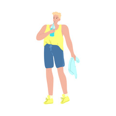 Fitness man drinking water from the bottle after exercise. Vector illustration in cartoon style.
