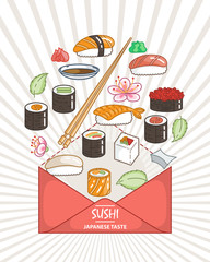 Sushi. Japanese food. Rolls with fish and caviar on eco plate, chopsticks, ginger and soy sauce. Delicious art for restaurant and bar menu, booklets or prints